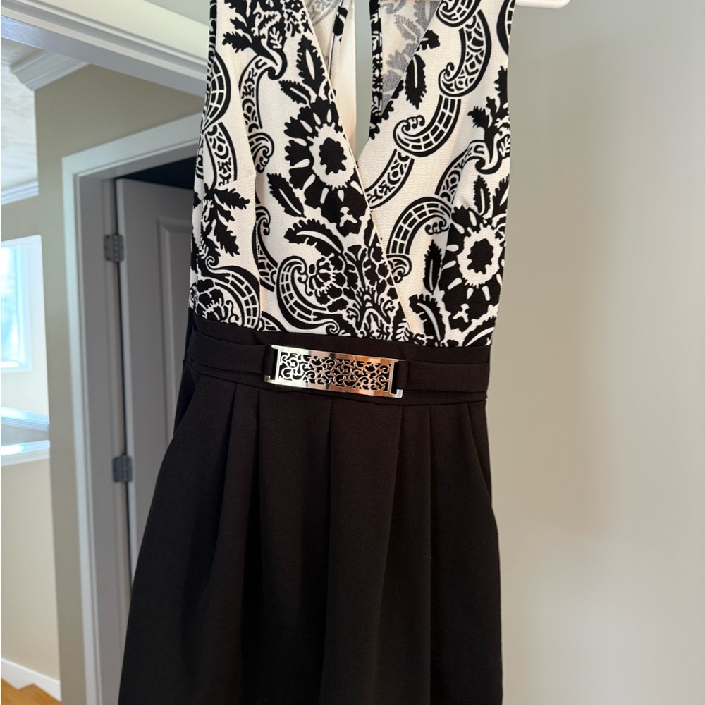 Chic Black and White Paisley Jumpsuit with Metallic Belt